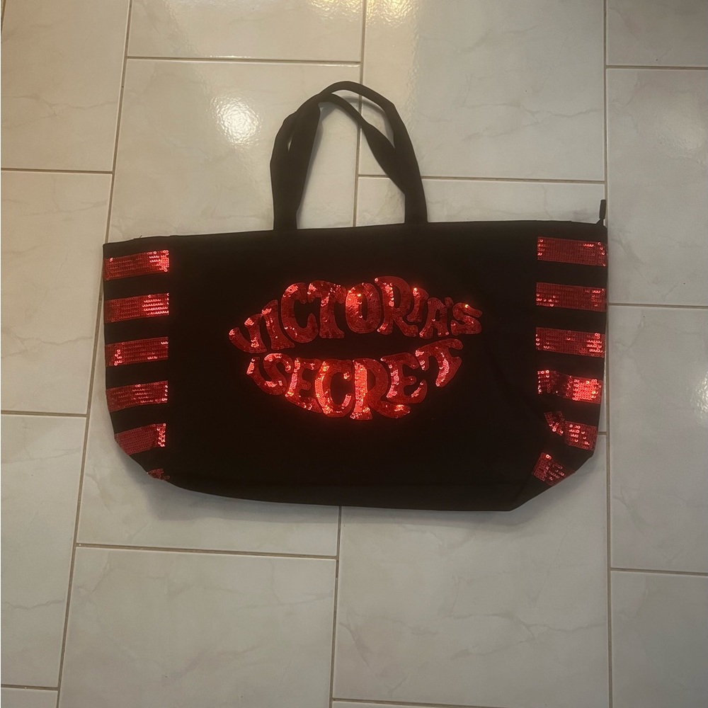 Victoria's Secret Women’s Black Tote Bag with Red Sequins